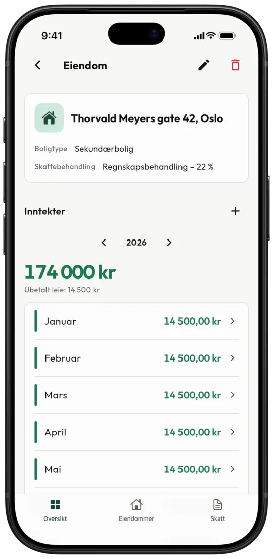 Eiendomsskjermen i Leiero med boligtype, skattebehandling og husleie per måned for en sekundærbolig