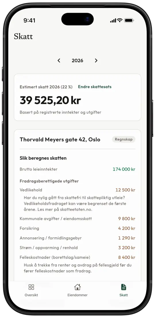 Skatt-fanen i Leiero med estimert skatt, brutto leieinntekter og fradragsberettigede utgifter for en bolig