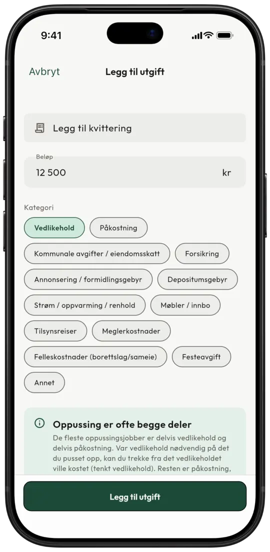 Skjermen for å legge til en utgift i Leiero, med kvittering, beløp, kategori og hjelp til å skille vedlikehold fra påkostning